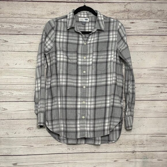 Old Navy Classic Grey White Plaid Button Up Medium - Picture 1 of 6